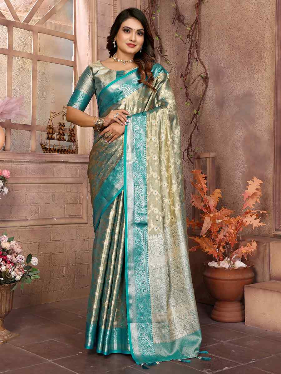 Sky Blue Handloom Tissue Silk Handwoven Festival Wedding Fancy Heavy Border Saree