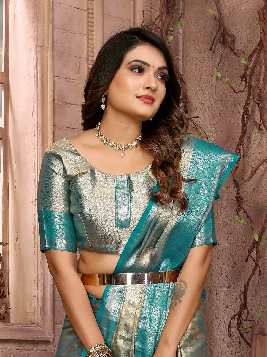 Sky Blue Handloom Tissue Silk Handwoven Festival Wedding Fancy Heavy Border Saree