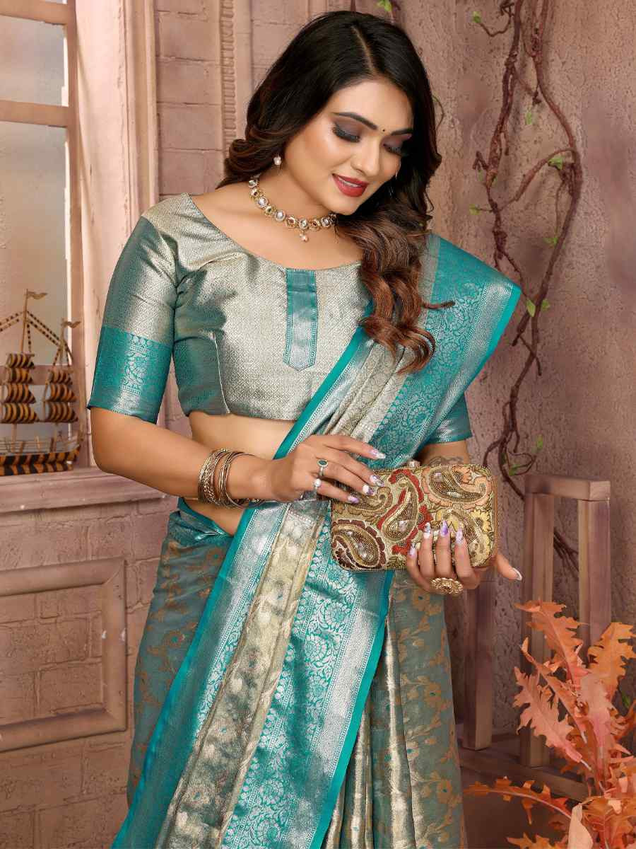 Sky Blue Handloom Tissue Silk Handwoven Festival Wedding Fancy Heavy Border Saree