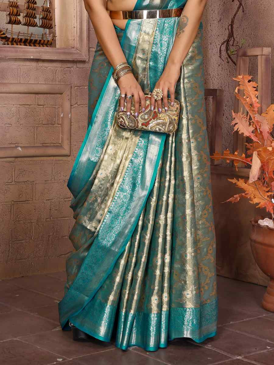 Sky Blue Handloom Tissue Silk Handwoven Festival Wedding Fancy Heavy Border Saree