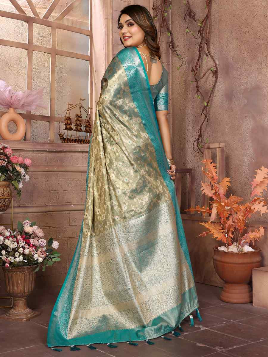 Sky Blue Handloom Tissue Silk Handwoven Festival Wedding Fancy Heavy Border Saree