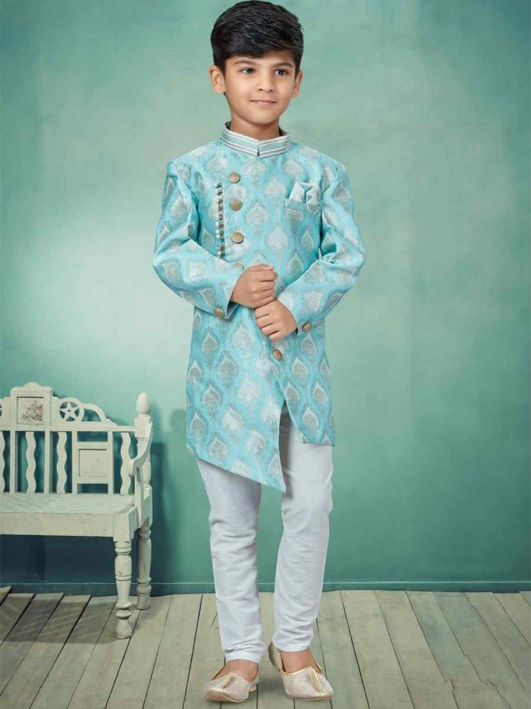 Sky Blue Heavy Banarasi Jacquard Embroidered Party Festival Kurta Pyjama Boys Wear