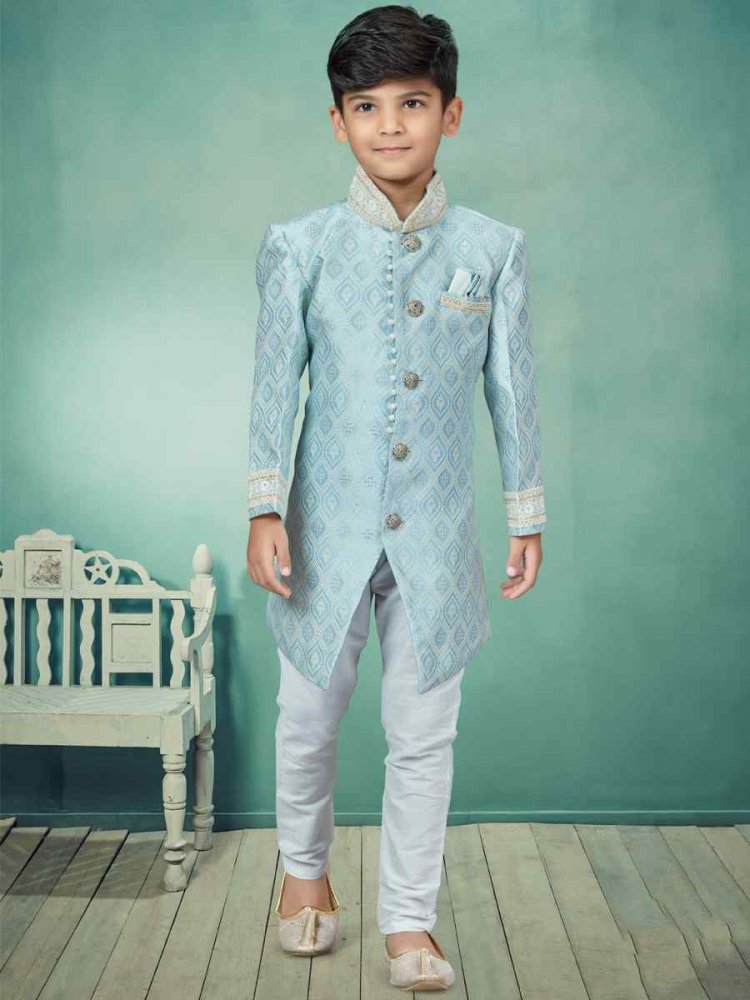 Sky Blue Heavy Banarasi Jacquard Embroidered Party Festival Kurta Pyjama Boys Wear