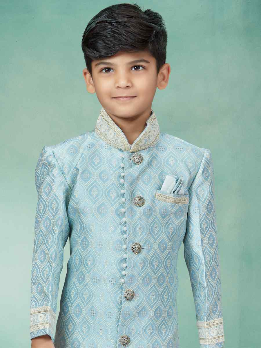 Sky Blue Heavy Banarasi Jacquard Embroidered Party Festival Kurta Pyjama Boys Wear