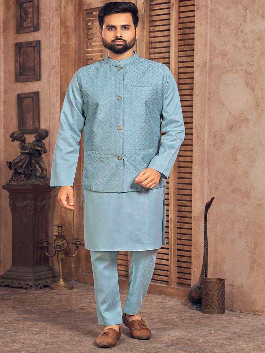 Sky Blue Heavy Banglori Silk Embroidered Festival Party Kurta