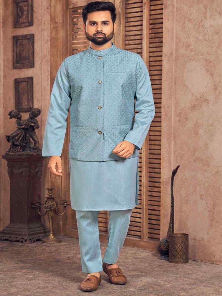 Sky Blue Heavy Banglori Silk Embroidered Festival Party Kurta