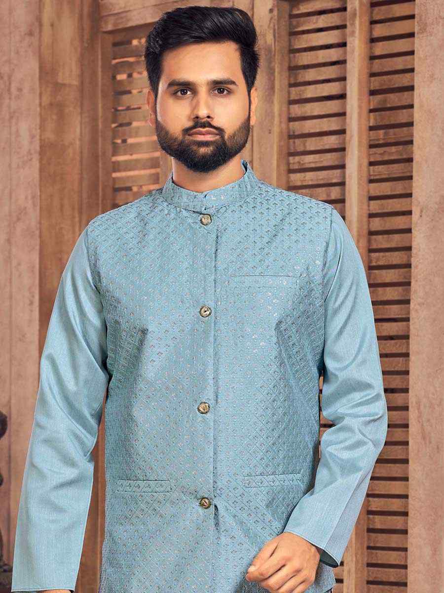 Sky Blue Heavy Banglori Silk Embroidered Festival Party Kurta