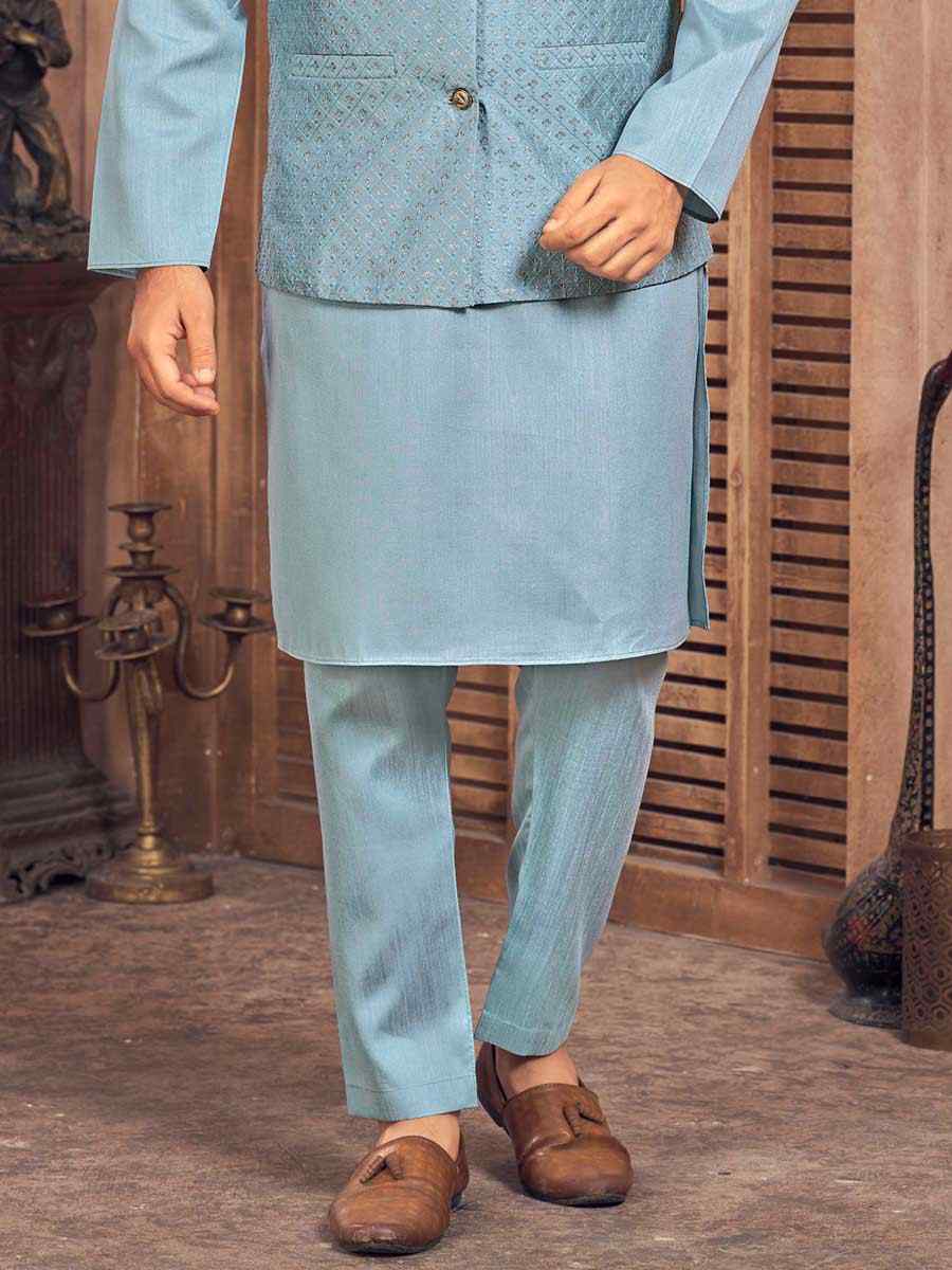 Sky Blue Heavy Banglori Silk Embroidered Festival Party Kurta