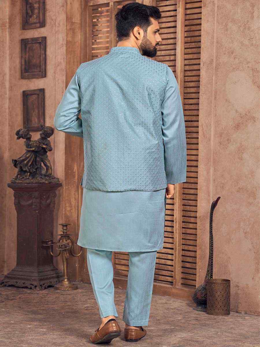 Sky Blue Heavy Banglori Silk Embroidered Festival Party Kurta