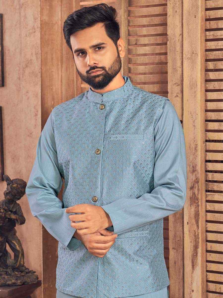 Sky Blue Heavy Banglori Silk Embroidered Festival Party Kurta