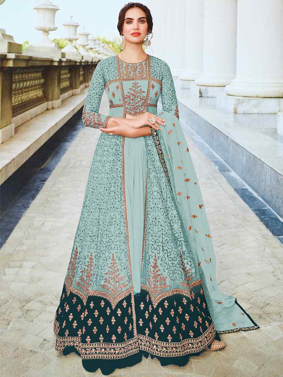 Sky Blue Heavy Butterfly Net Embroidered Festival Party Anarkali Salwar Kameez