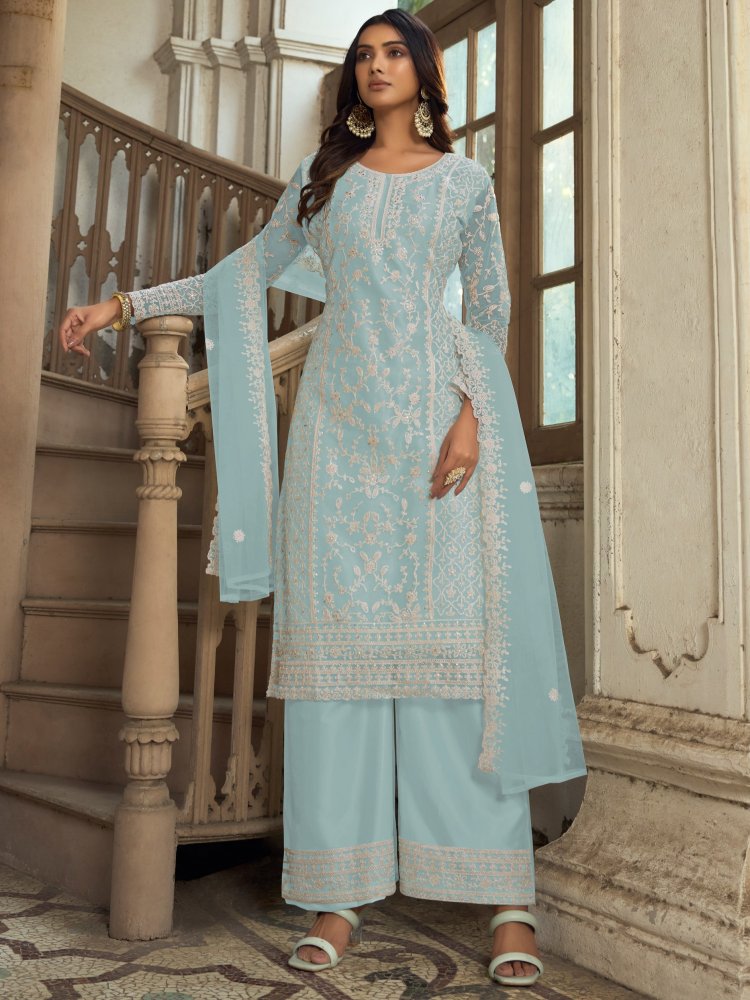 Sky Blue Heavy Butterfly Net Embroidered Festival Party Engagement Pant Salwar Kameez