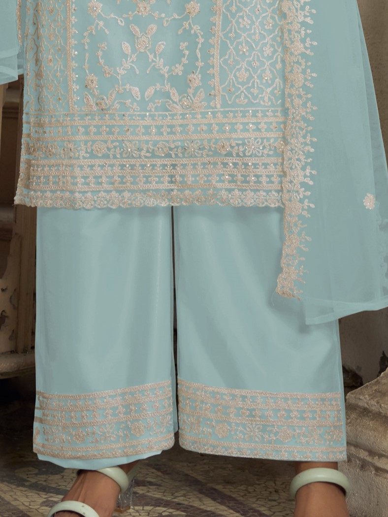 Sky Blue Heavy Butterfly Net Embroidered Festival Party Engagement Pant Salwar Kameez