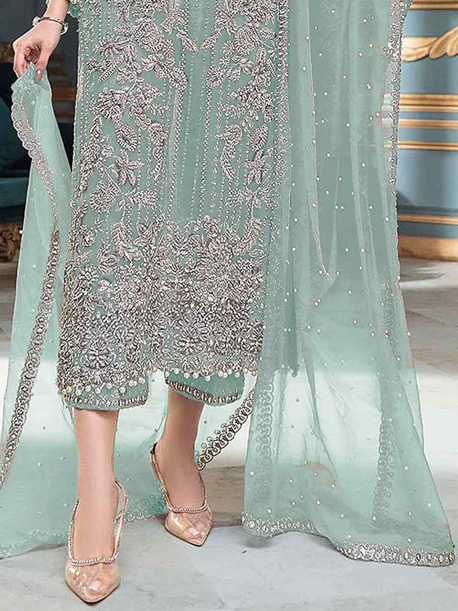 Sky Blue Heavy Butterfly Net Embroidered Festival Party Pant Salwar Kameez