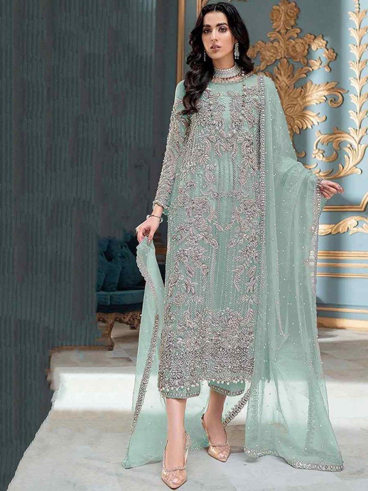 Sky Blue Heavy Butterfly Net Embroidered Festival Party Pant Salwar Kameez