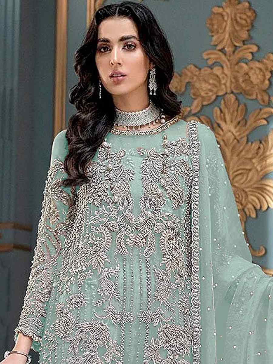 Sky Blue Heavy Butterfly Net Embroidered Festival Party Pant Salwar Kameez