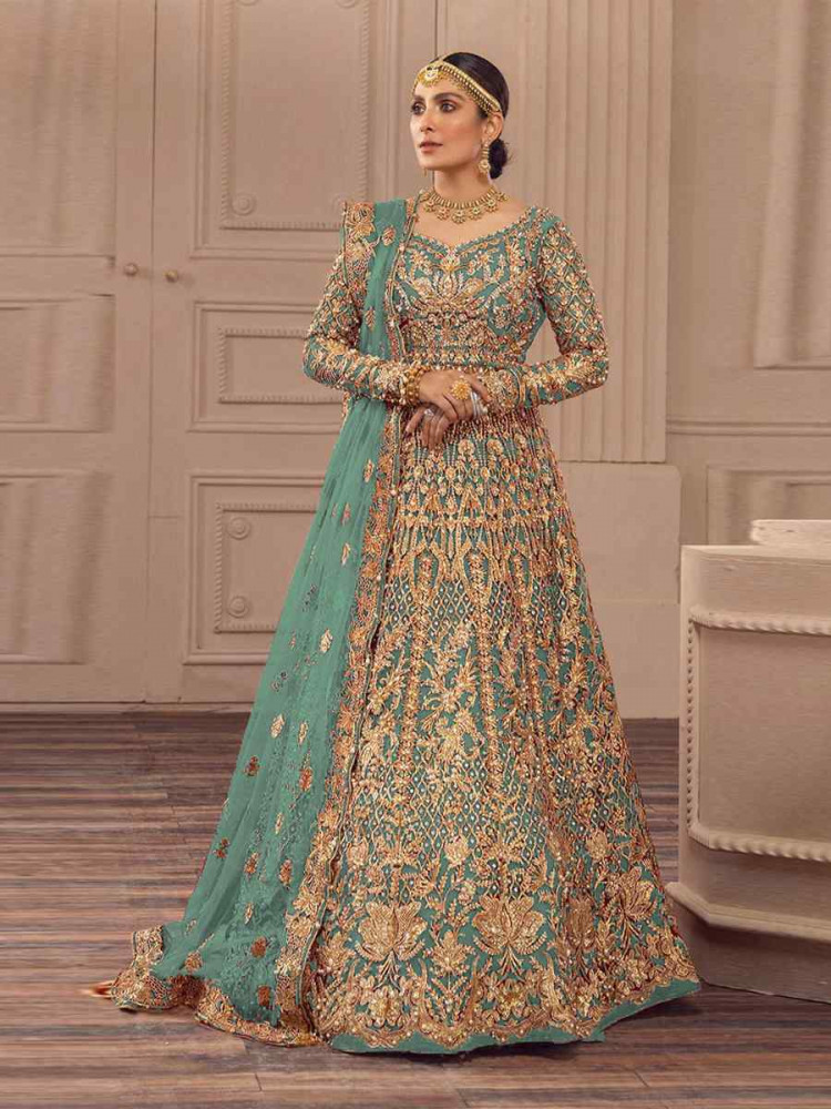 Sky Blue Heavy Butterfly Net Embroidered Festival Wedding Anarkali Salwar Kameez