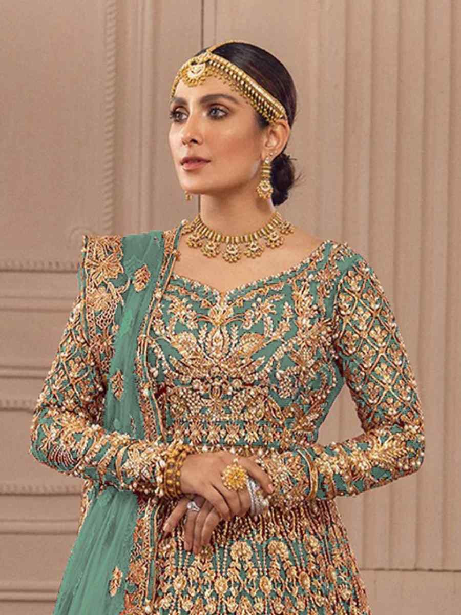 Sky Blue Heavy Butterfly Net Embroidered Festival Wedding Anarkali Salwar Kameez