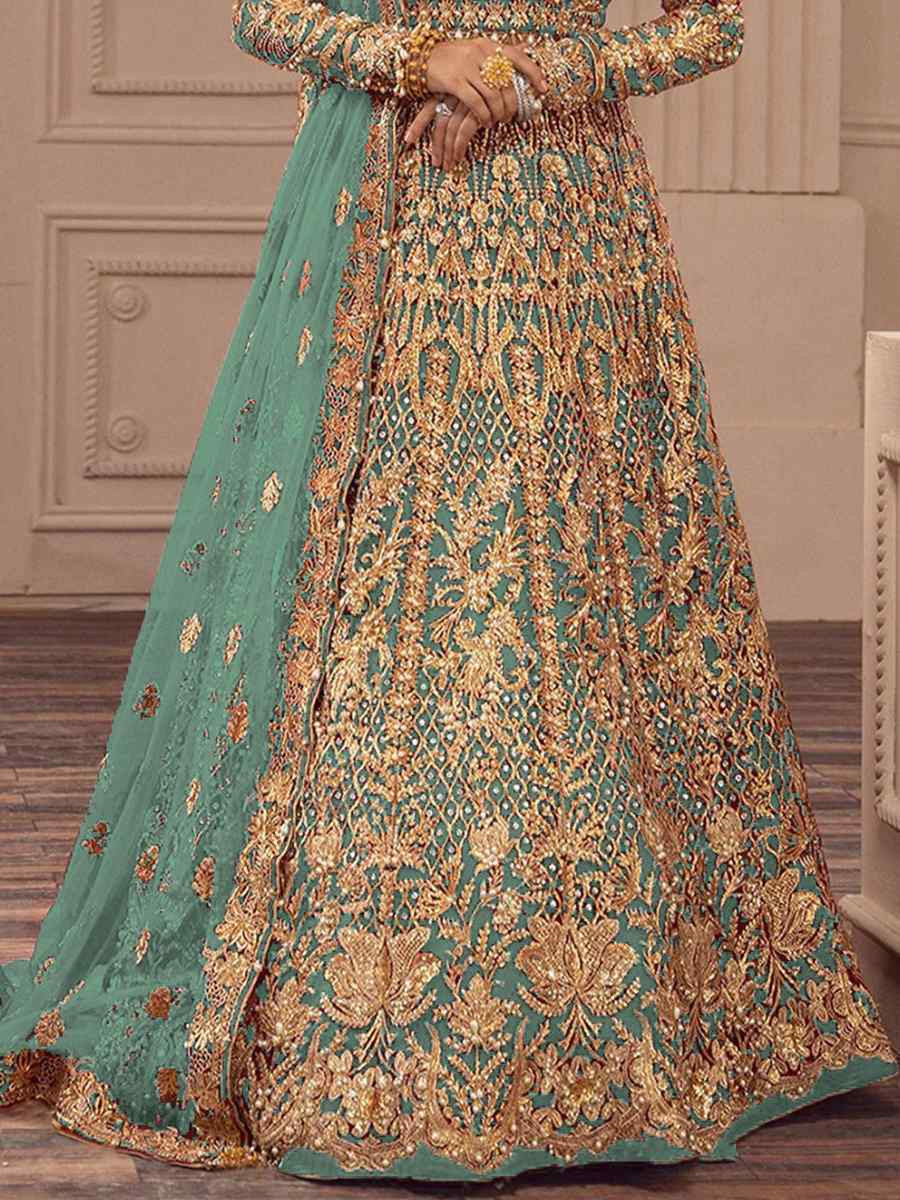Sky Blue Heavy Butterfly Net Embroidered Festival Wedding Anarkali Salwar Kameez