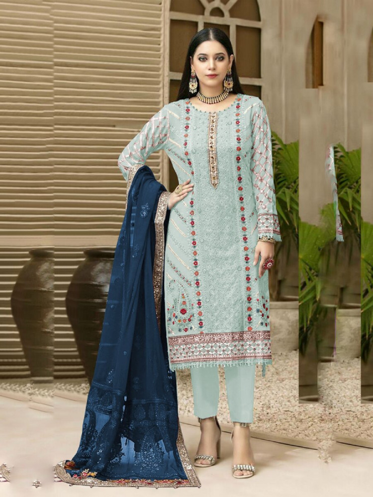 Image of Sky Blue Heavy Chiffon Embroidery Sequins Wedding Party Festival Casual Pant Salwar Kameez