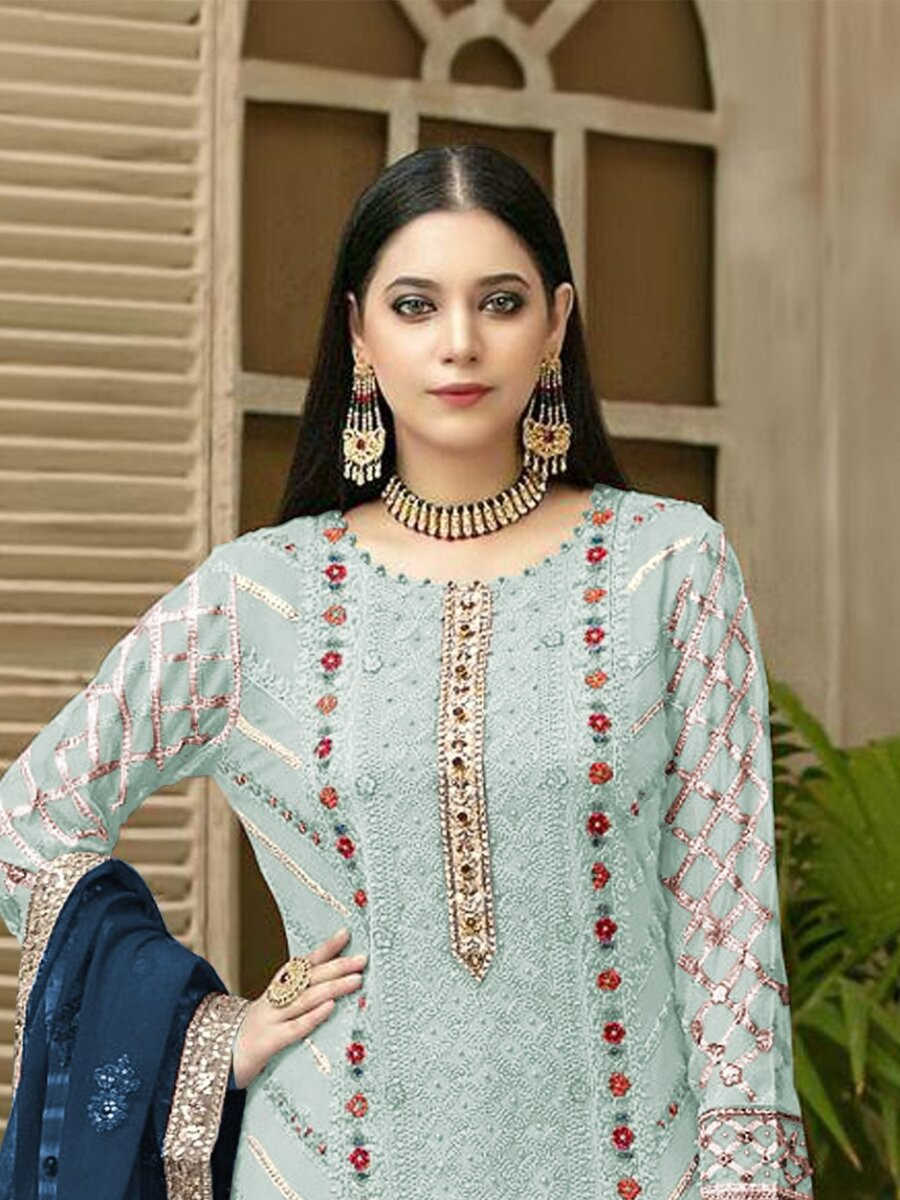 Sky Blue Heavy Chiffon Embroidery Sequins Wedding Party Festival Casual Pant Salwar Kameez