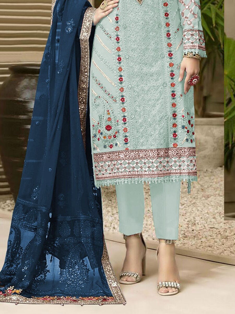 Sky Blue Heavy Chiffon Embroidery Sequins Wedding Party Festival Casual Pant Salwar Kameez