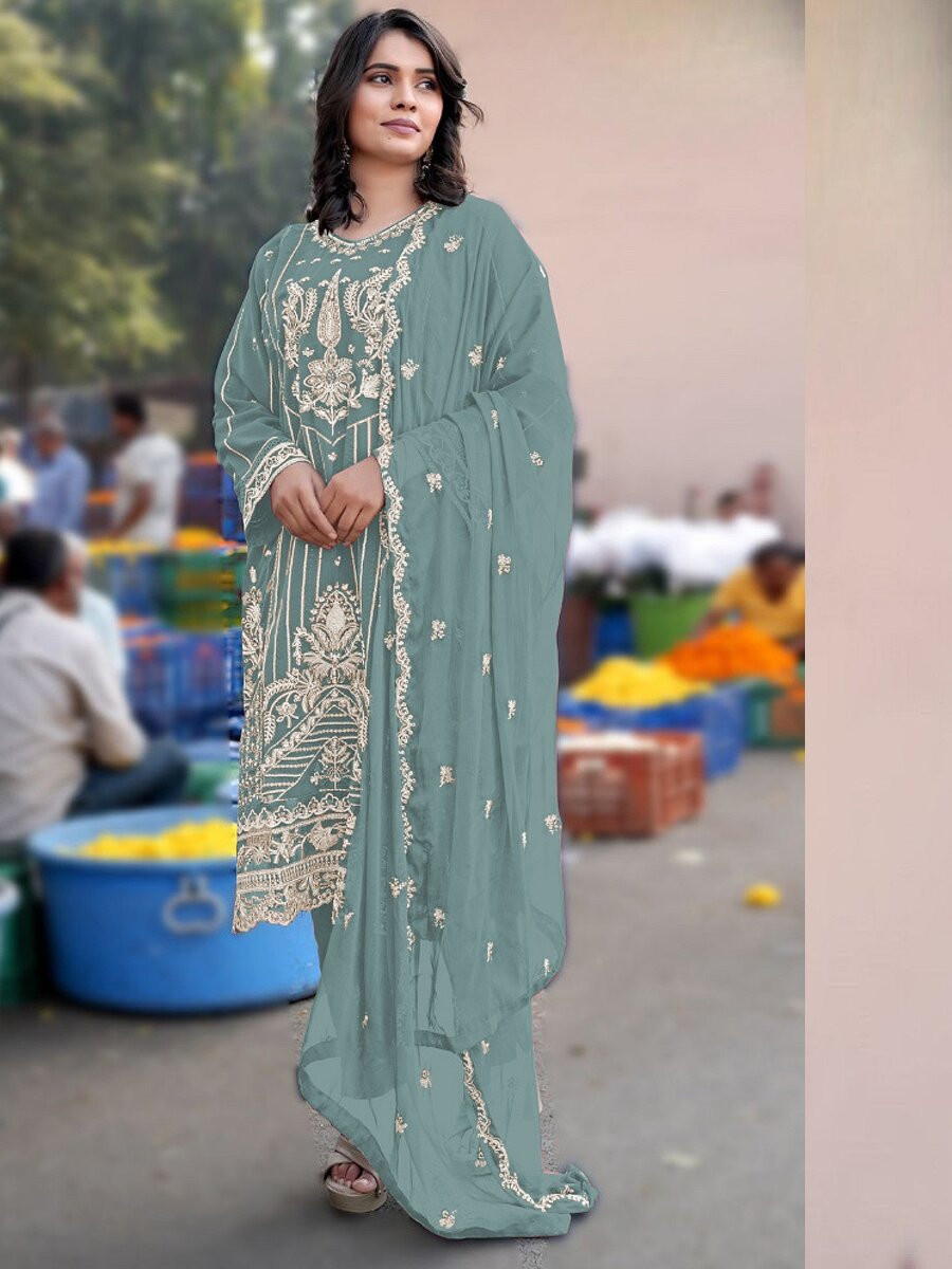 Sky Blue Heavy Chiffon Embroidery Wedding Party Festival Casual Pant Salwar Kameez