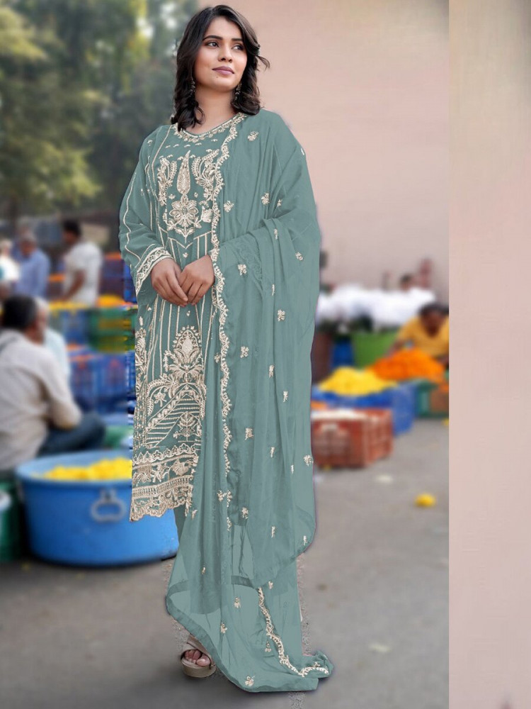 Image of Sky Blue Heavy Chiffon Embroidery Wedding Party Festival Casual Pant Salwar Kameez