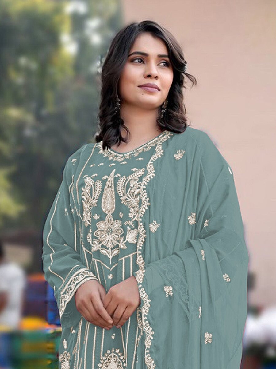 Sky Blue Heavy Chiffon Embroidery Wedding Party Festival Casual Pant Salwar Kameez