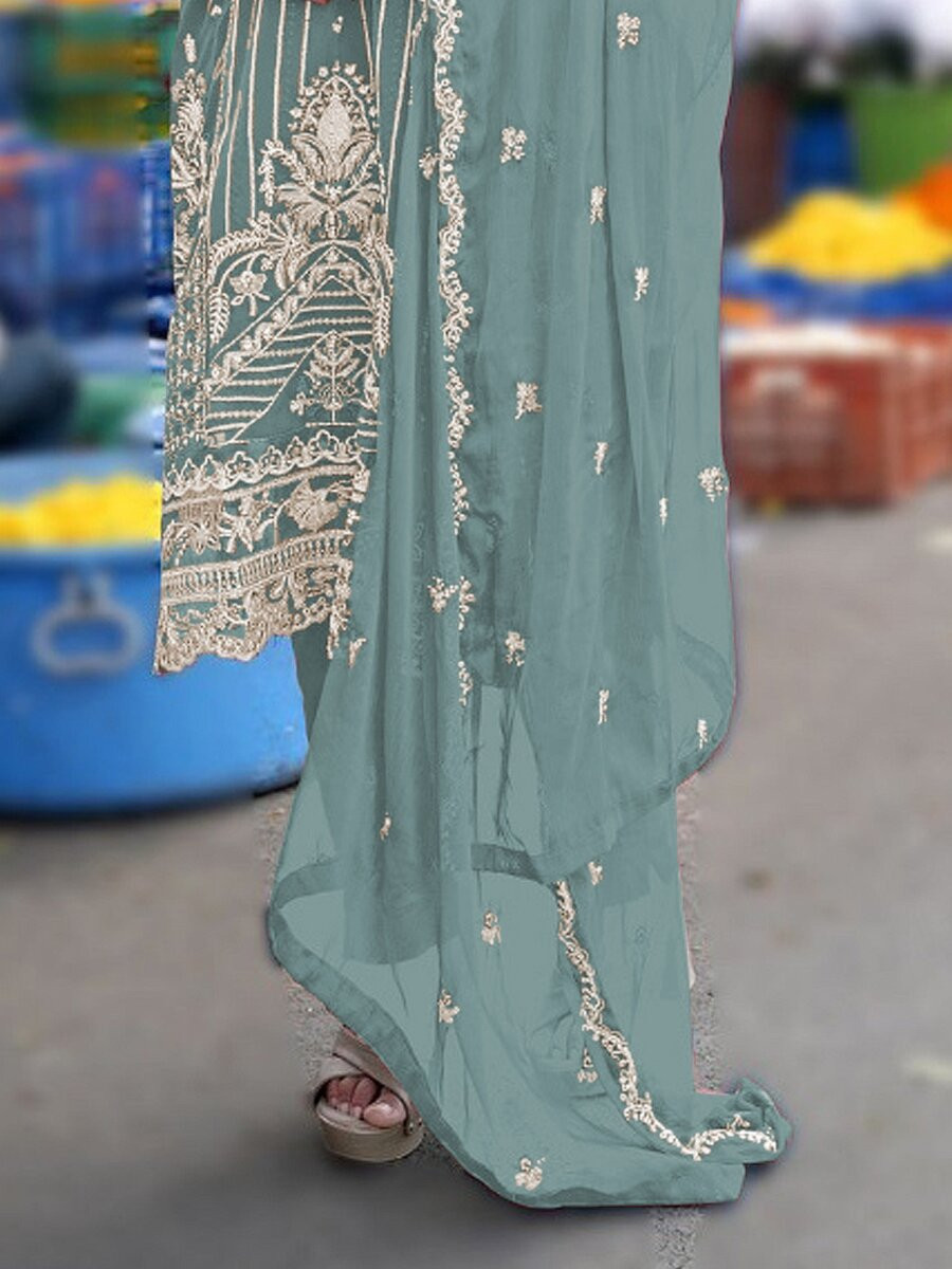 Sky Blue Heavy Chiffon Embroidery Wedding Party Festival Casual Pant Salwar Kameez