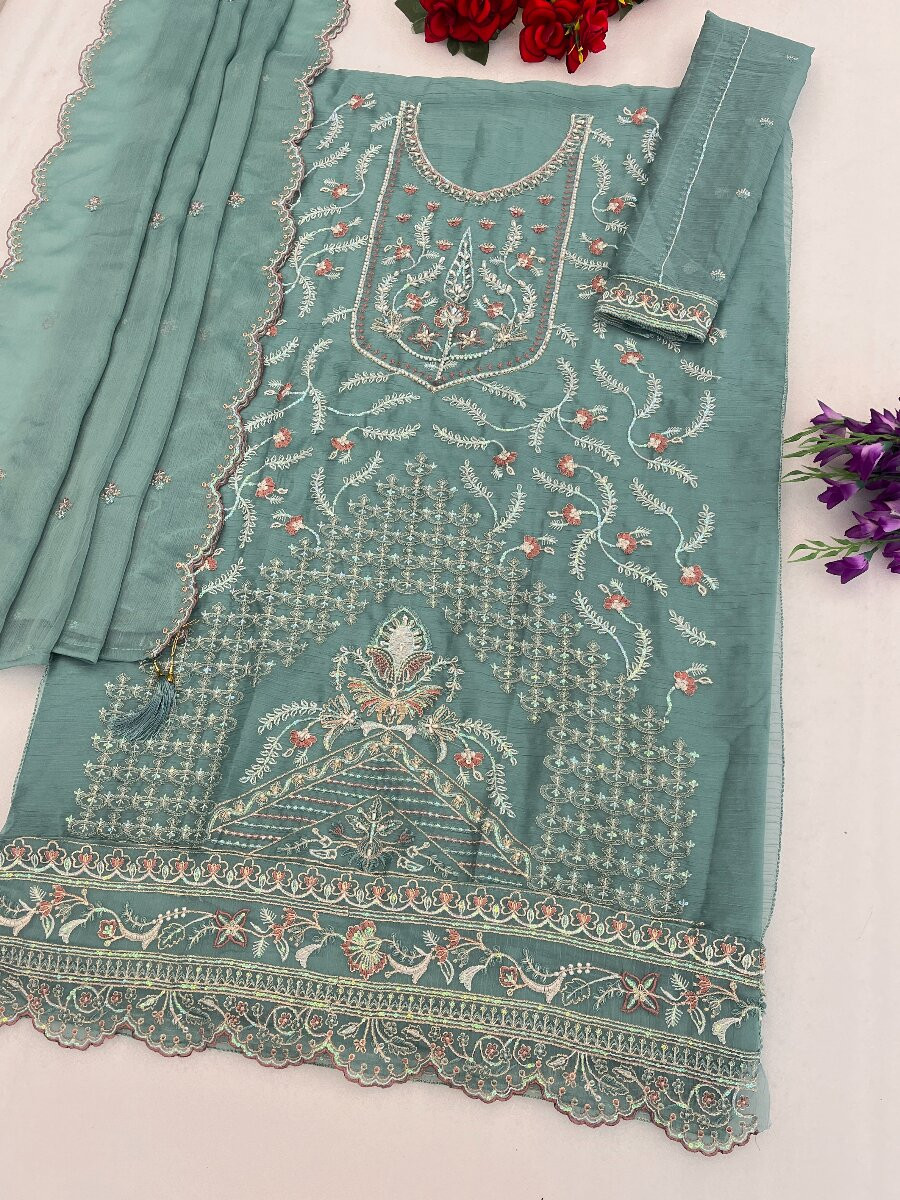 Sky Blue Heavy Chiffon Embroidery Wedding Party Festival Casual Pant Salwar Kameez