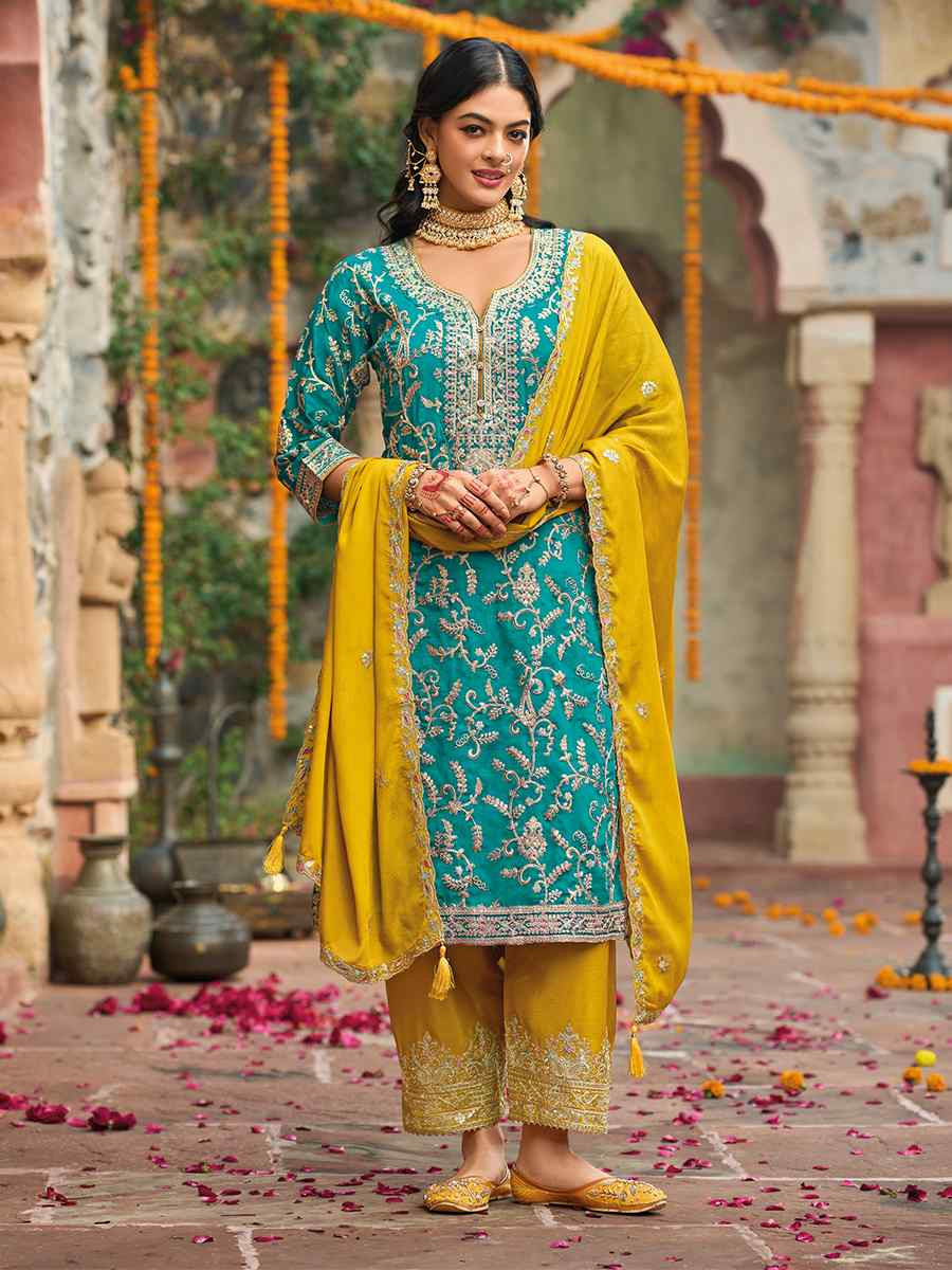 Sky Blue Heavy Chinon Embroidered Festive Wedding Ready Palazzo Pant Salwar Kameez