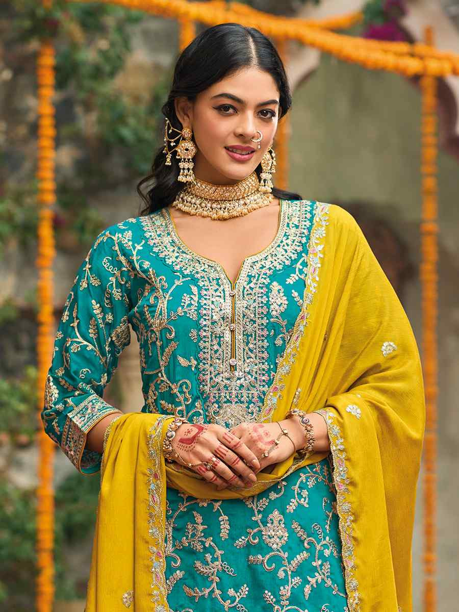 Sky Blue Heavy Chinon Embroidered Festive Wedding Ready Palazzo Pant Salwar Kameez