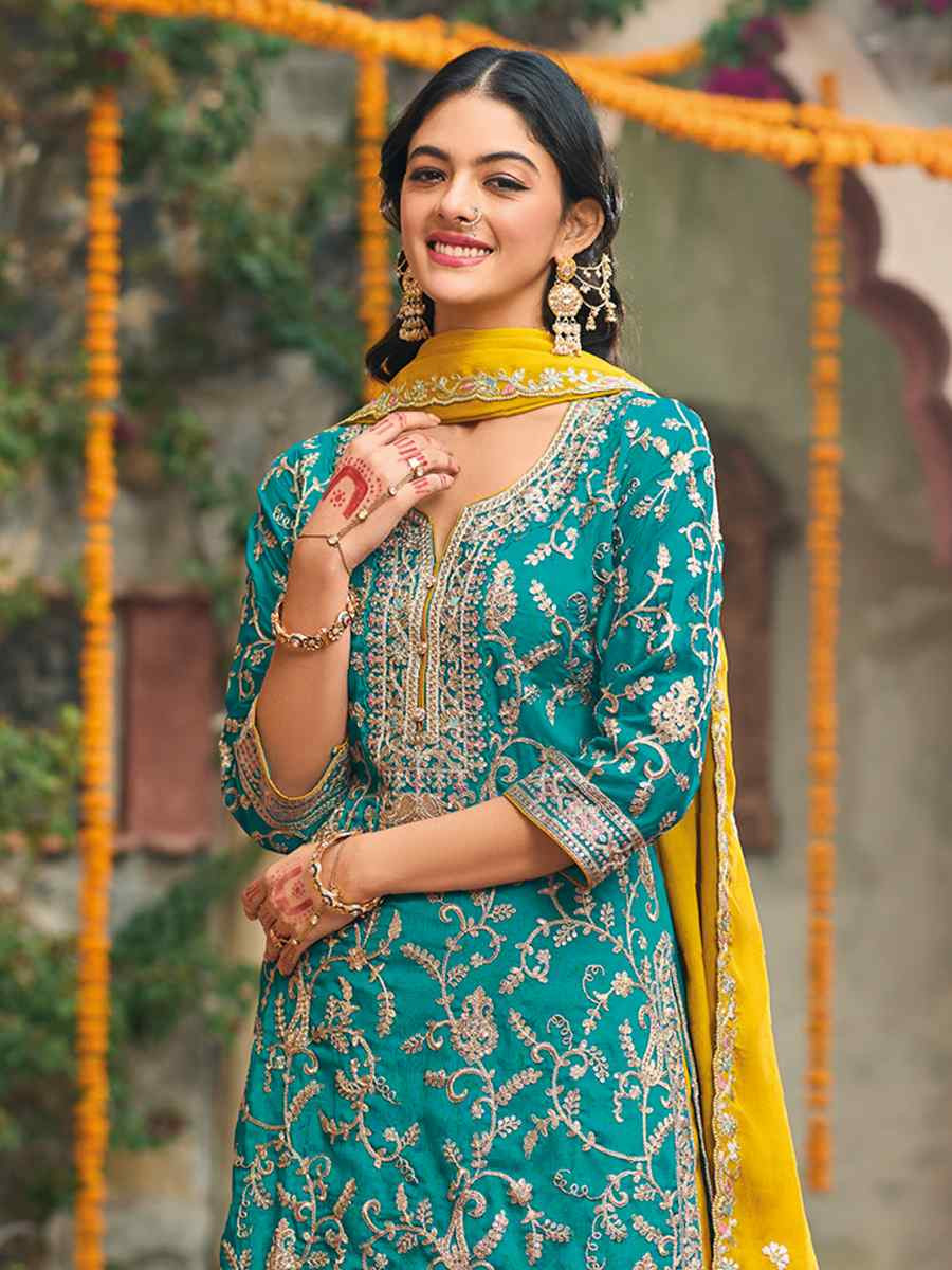 Sky Blue Heavy Chinon Embroidered Festive Wedding Ready Palazzo Pant Salwar Kameez