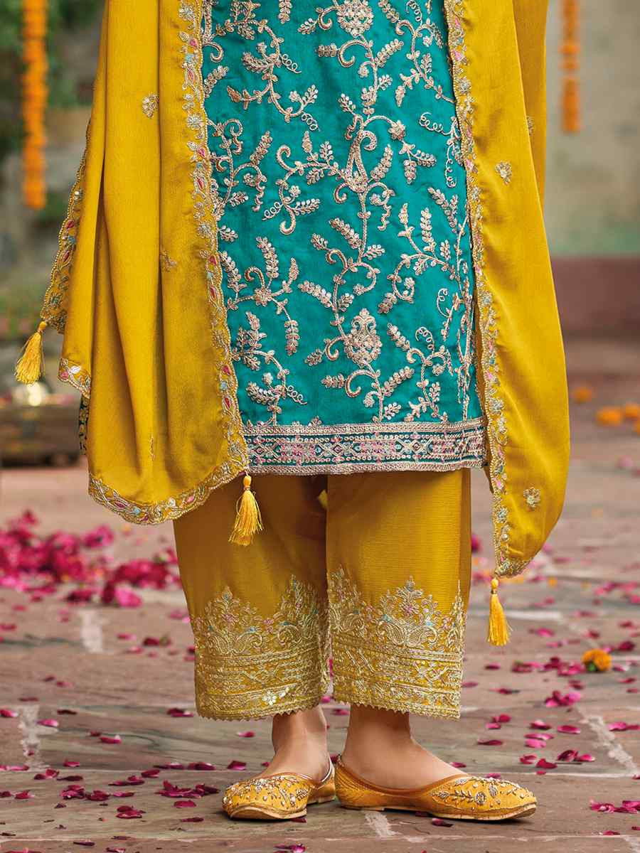 Sky Blue Heavy Chinon Embroidered Festive Wedding Ready Palazzo Pant Salwar Kameez