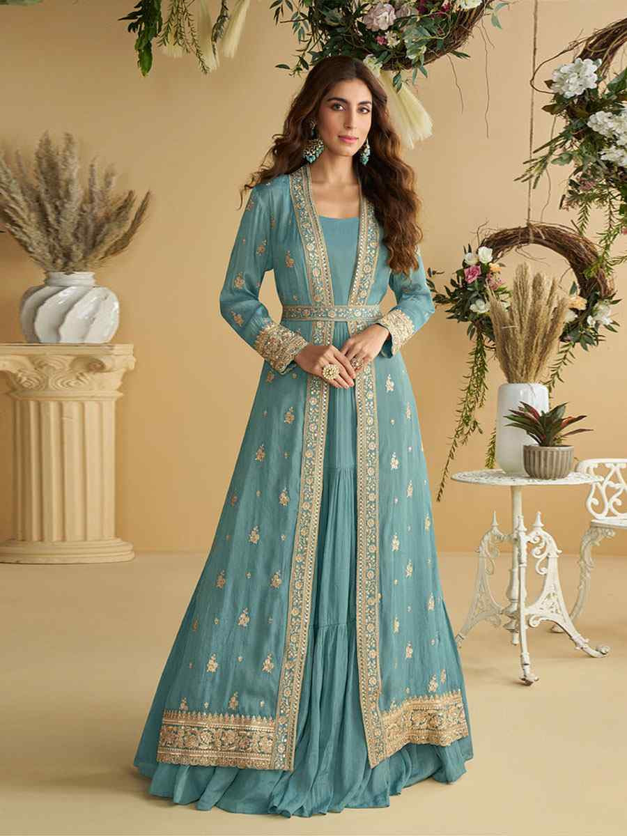 Sky Blue Heavy Chinon Embroidered Festival Casual Gown Women Wear