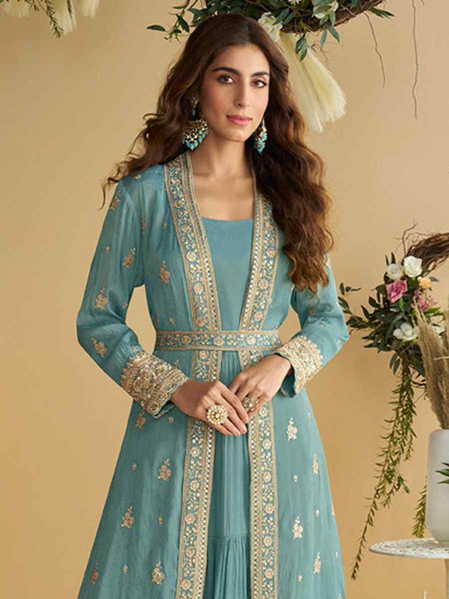 Sky Blue Heavy Chinon Embroidered Festival Casual Gown Women Wear