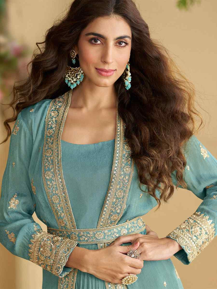 Sky Blue Heavy Chinon Embroidered Festival Casual Gown Women Wear