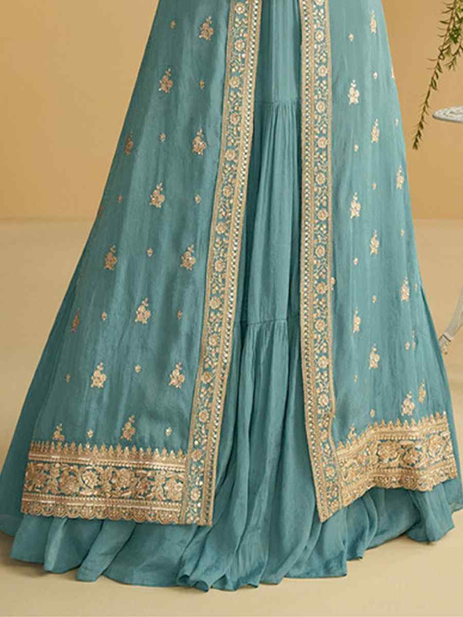 Sky Blue Heavy Chinon Embroidered Festival Casual Gown Women Wear