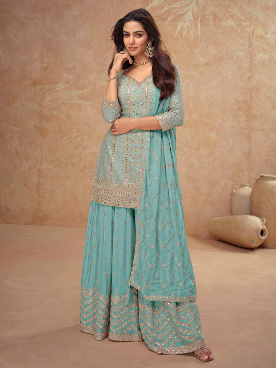 Sky Blue Heavy Chinon Embroidered Festival Casual Sharara Salwar Kameez