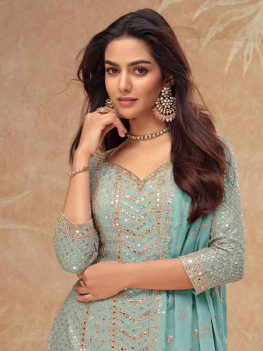 Sky Blue Heavy Chinon Embroidered Festival Casual Sharara Salwar Kameez