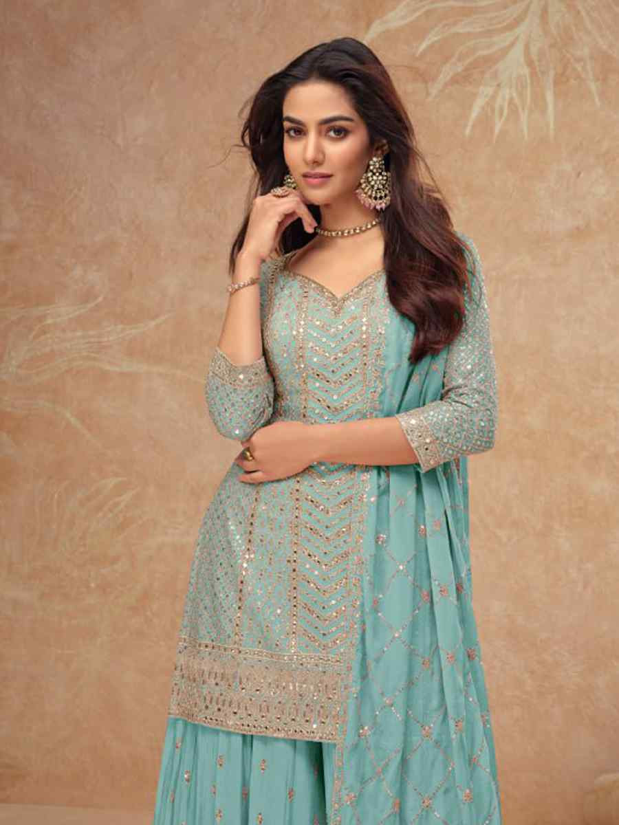 Sky Blue Heavy Chinon Embroidered Festival Casual Sharara Salwar Kameez