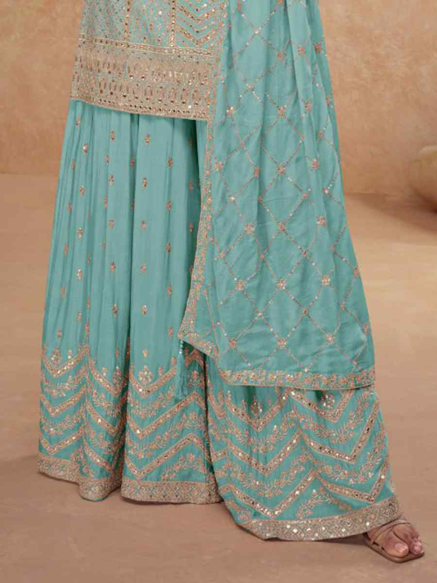 Sky Blue Heavy Chinon Embroidered Festival Casual Sharara Salwar Kameez