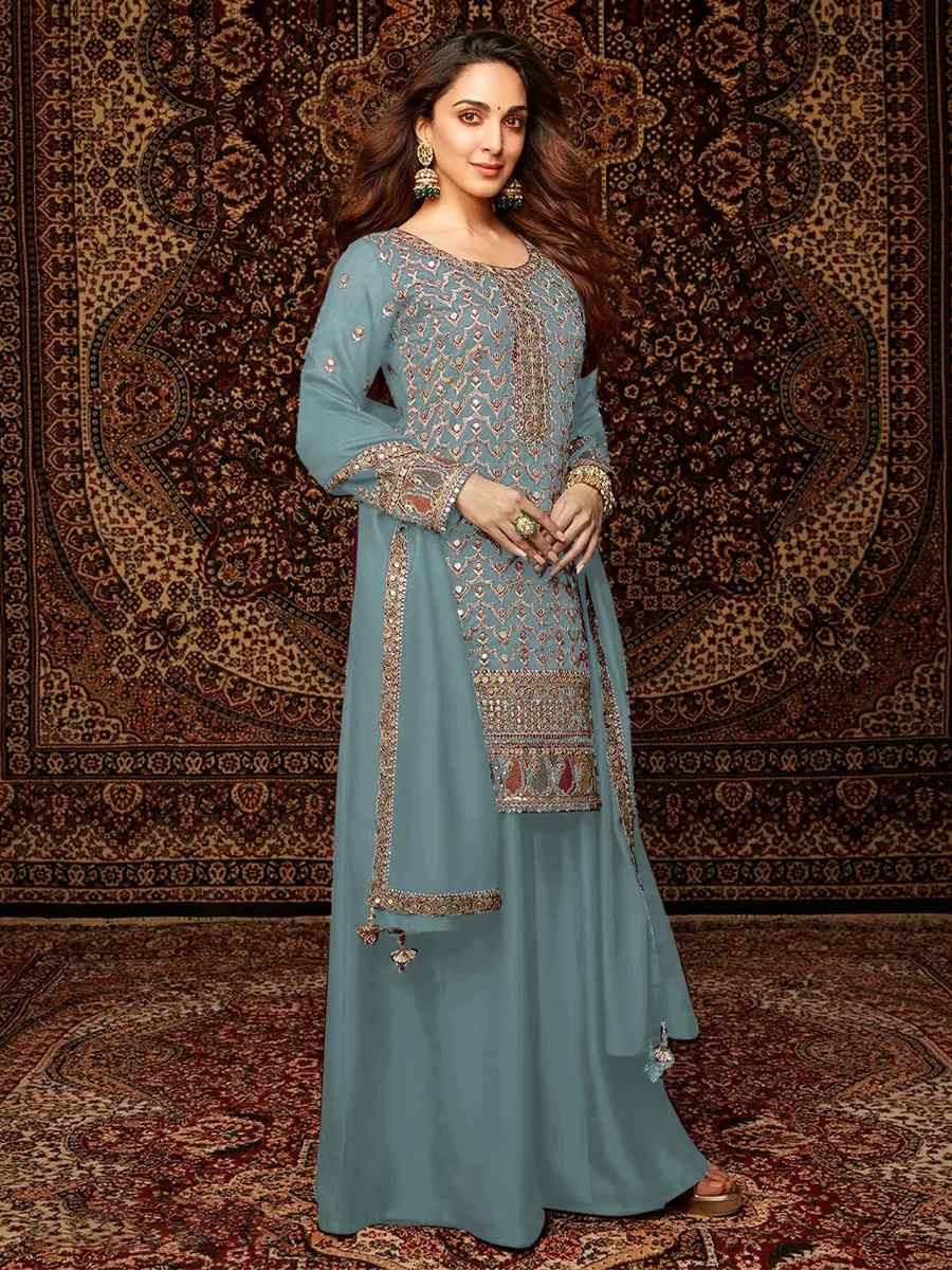 Sky Blue Heavy Chinon Embroidered Festival Wedding Palazzo Pant Salwar Kameez