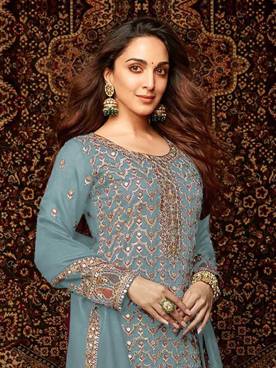 Sky Blue Heavy Chinon Embroidered Festival Wedding Palazzo Pant Salwar Kameez