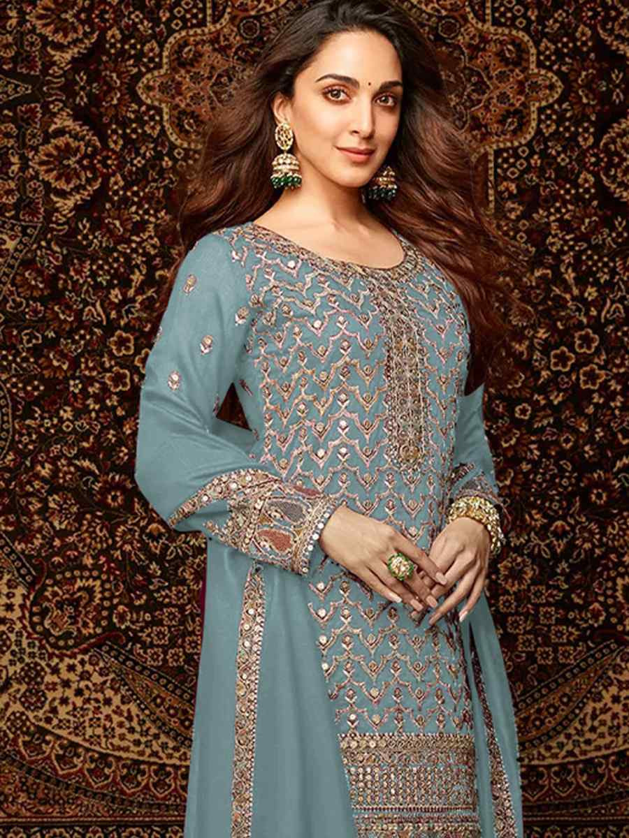 Sky Blue Heavy Chinon Embroidered Festival Wedding Palazzo Pant Salwar Kameez
