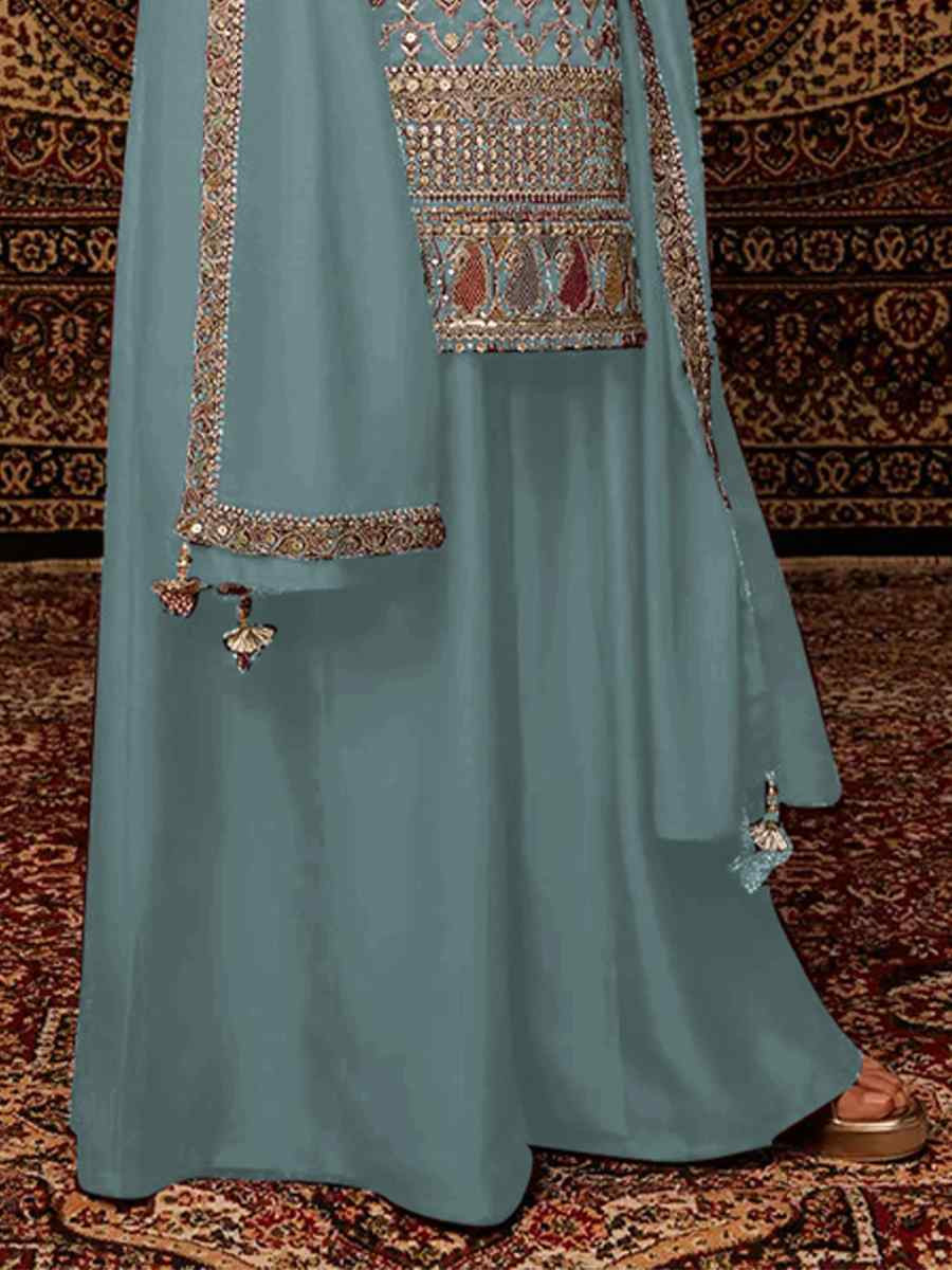 Sky Blue Heavy Chinon Embroidered Festival Wedding Palazzo Pant Salwar Kameez