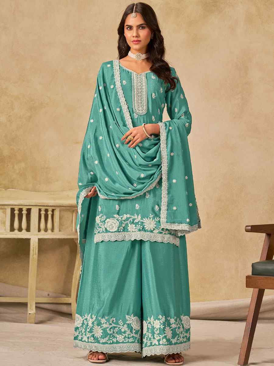 Sky Blue Heavy Chinon Embroidered Festival Wedding Palazzo Pant Salwar Kameez