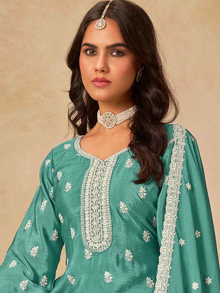 Sky Blue Heavy Chinon Embroidered Festival Wedding Palazzo Pant Salwar Kameez