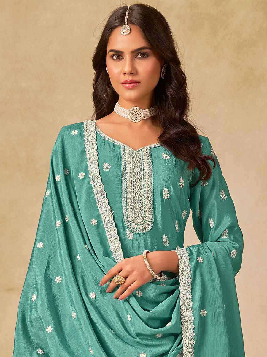 Sky Blue Heavy Chinon Embroidered Festival Wedding Palazzo Pant Salwar Kameez